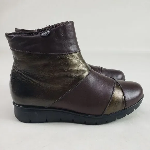 Onfoot Leather Ankle Wedge Boot Womens 6.5 EU 37 Brown & Gold Side Zip Spain